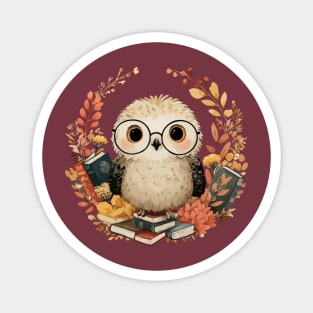 Wise Owl Scholar in a Floral Wreath - Dark Academia Folk Art Magnet